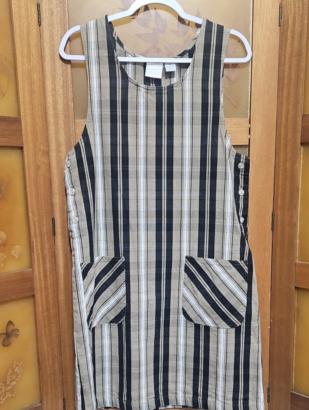 Vintage 90s Christopher Banks Striped Pinafore Jumper Dress Cotton M Pockets